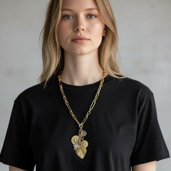 House Of Harlow 1960 Paperclip Charm Necklace Gold-Plated Silver Heart 16"+3 New - Picture 12 of 13